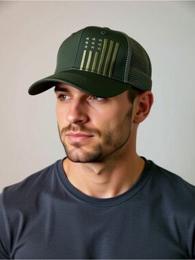 Source Unknown Olive Green Trucker Hat with Raised Flag Patch